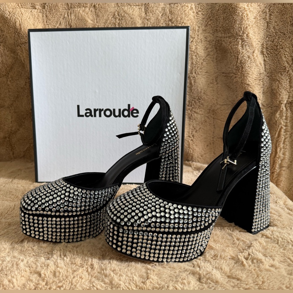 NWB Larroude Ari Crystal Suede Black and Silver Platform Heels